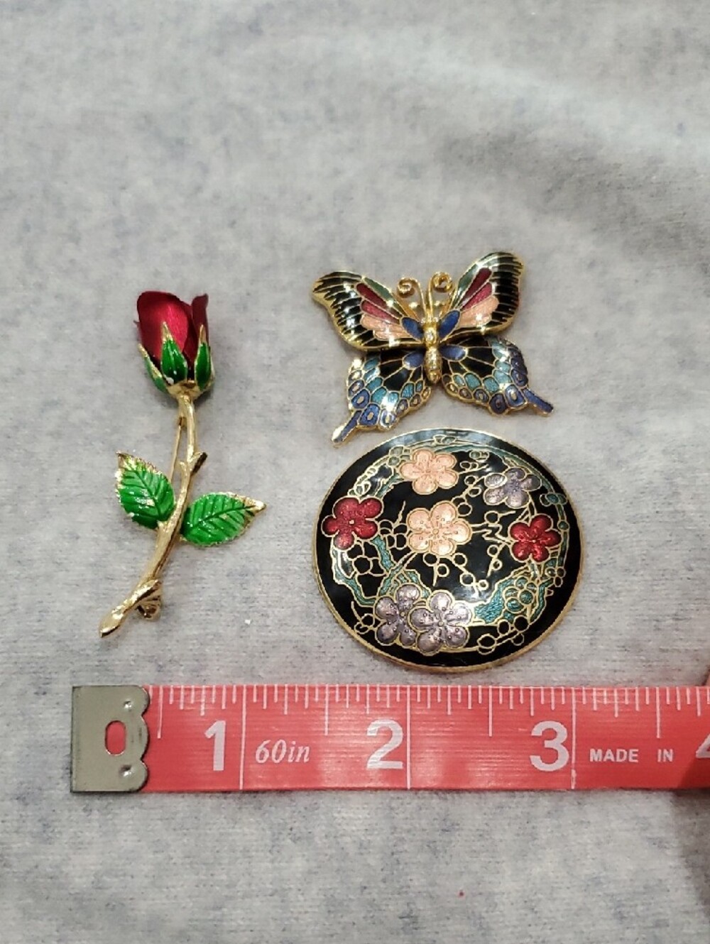 Vintage Bundle Enamel Cloisonne Butterfly Brooch, Scarf Clip, Rose Pin - Picture 2 of 9